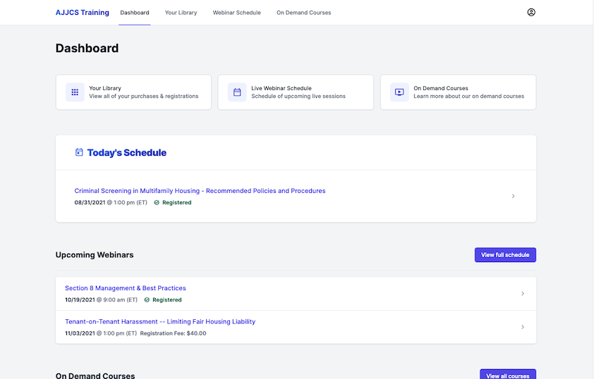 Training dashboard interface