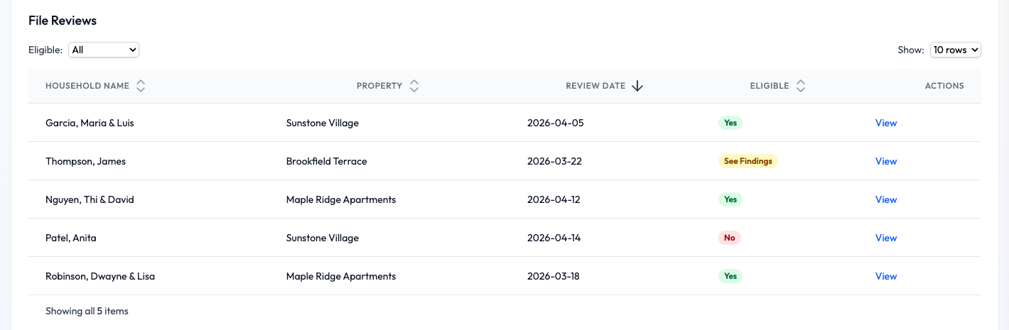 File review results table showing household eligibility outcomes