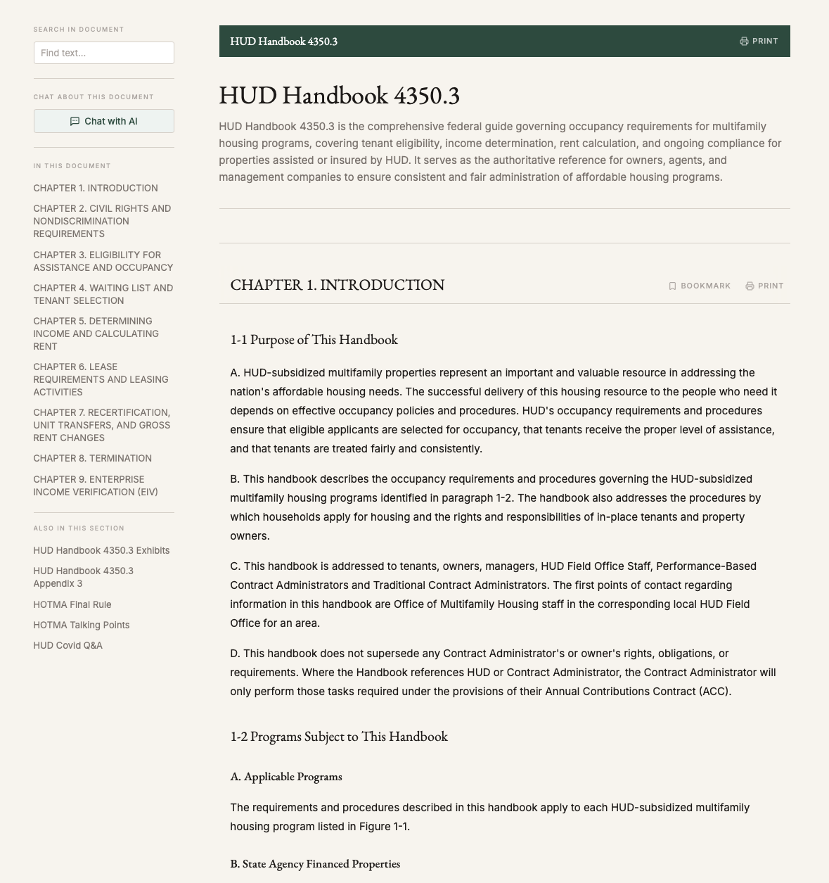 LIHTC.guide reference library showing HUD Handbook 4350.3 with a chapter table of contents and reading pane