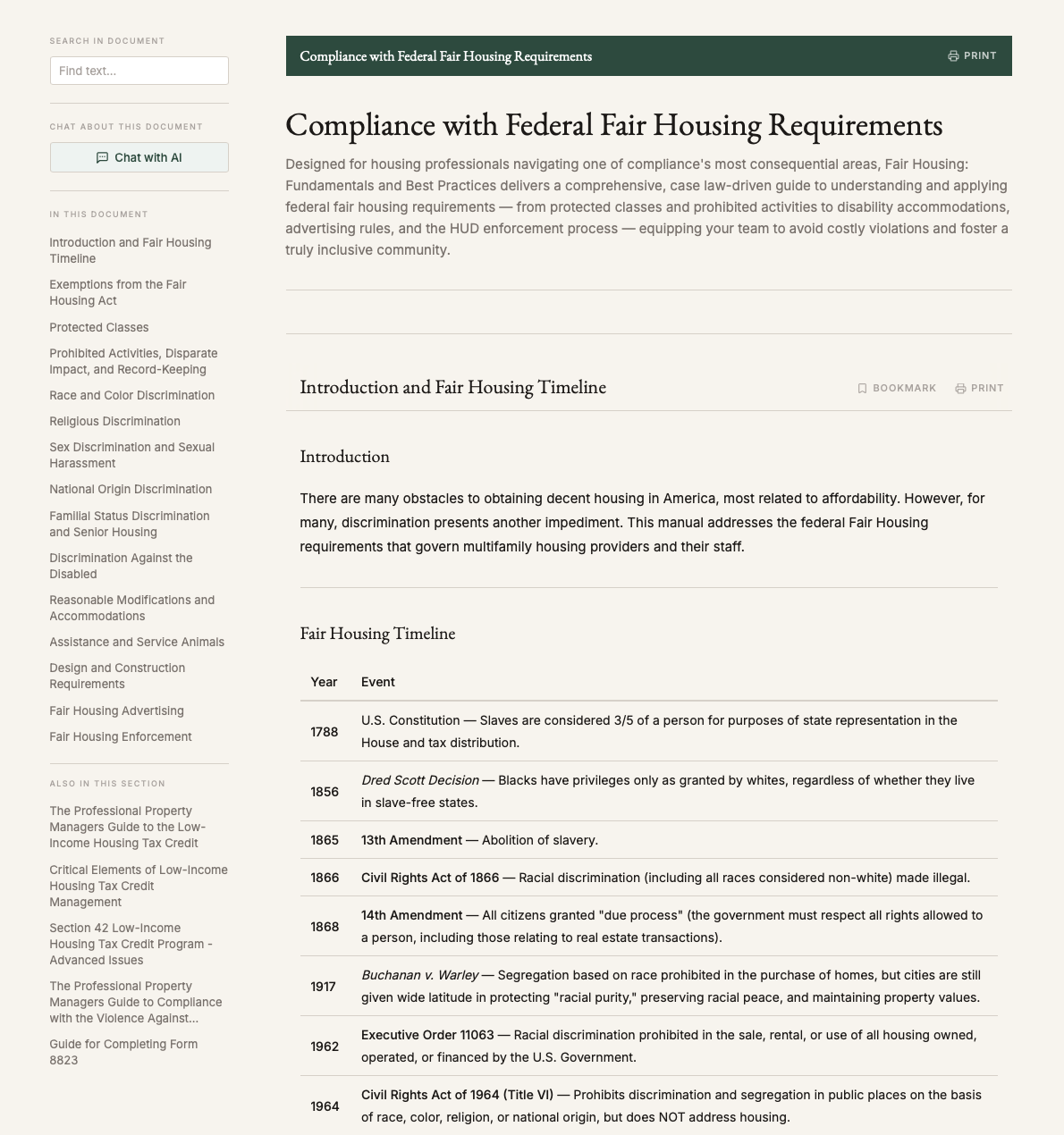 In-app reading view of the guide to compliance with federal Fair Housing requirements, with a fair housing timeline