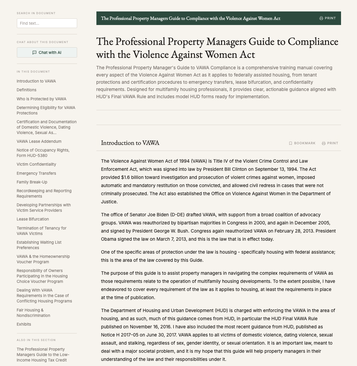In-app reading view of the guide to compliance with the Violence Against Women Act, with a chapter table of contents