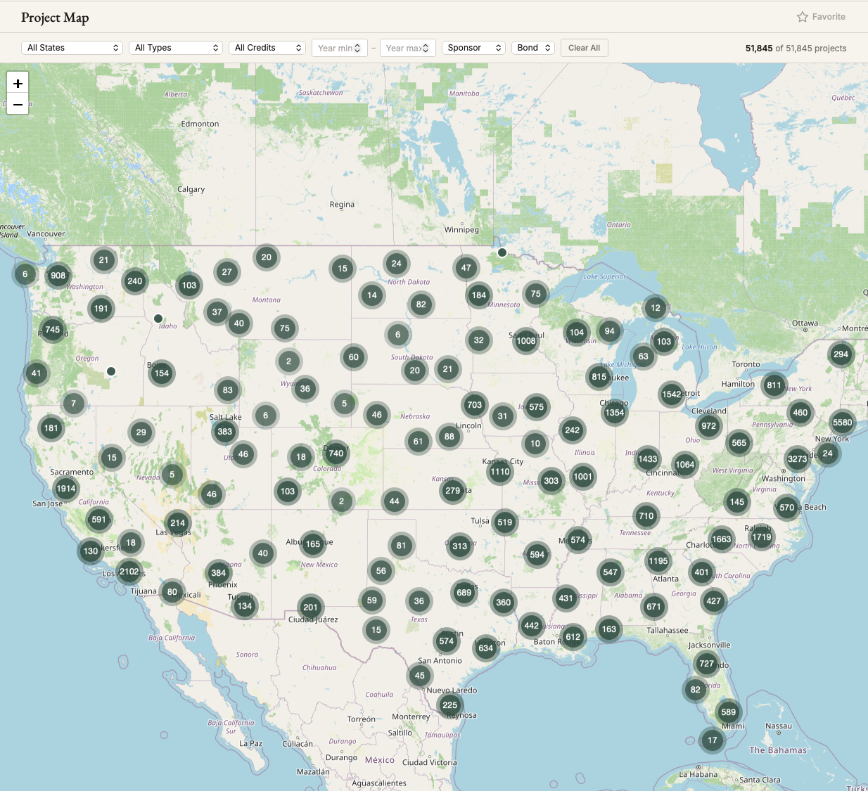 LIHTC.guide Project Map showing more than 51,000 tax credit properties clustered across the United States, with filters for state, type, credit, year, sponsor, and bond